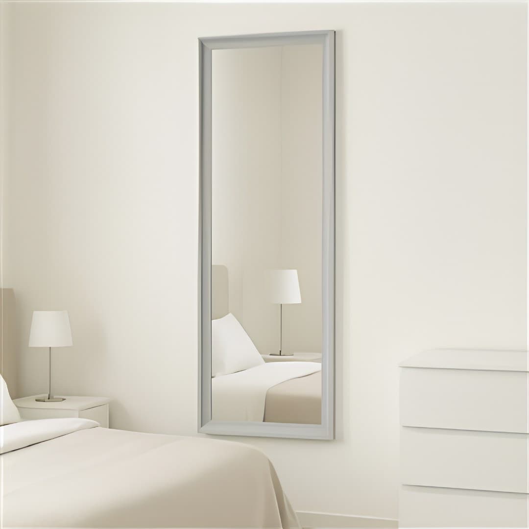 Beige free-standing mirror with frame, 56.4 x 161.4 cm