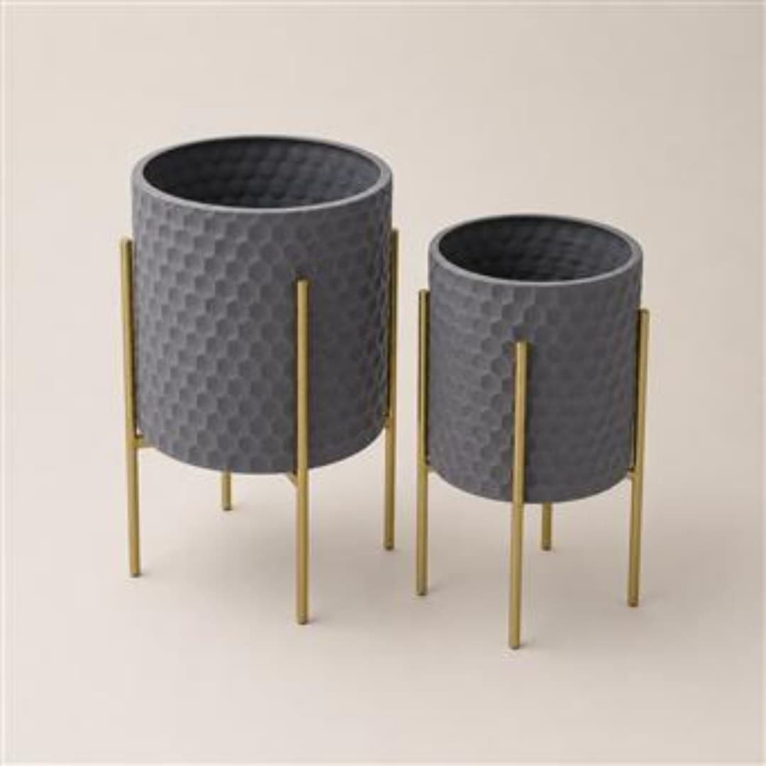 Grey chrome metal plant pot, honeycomb, large