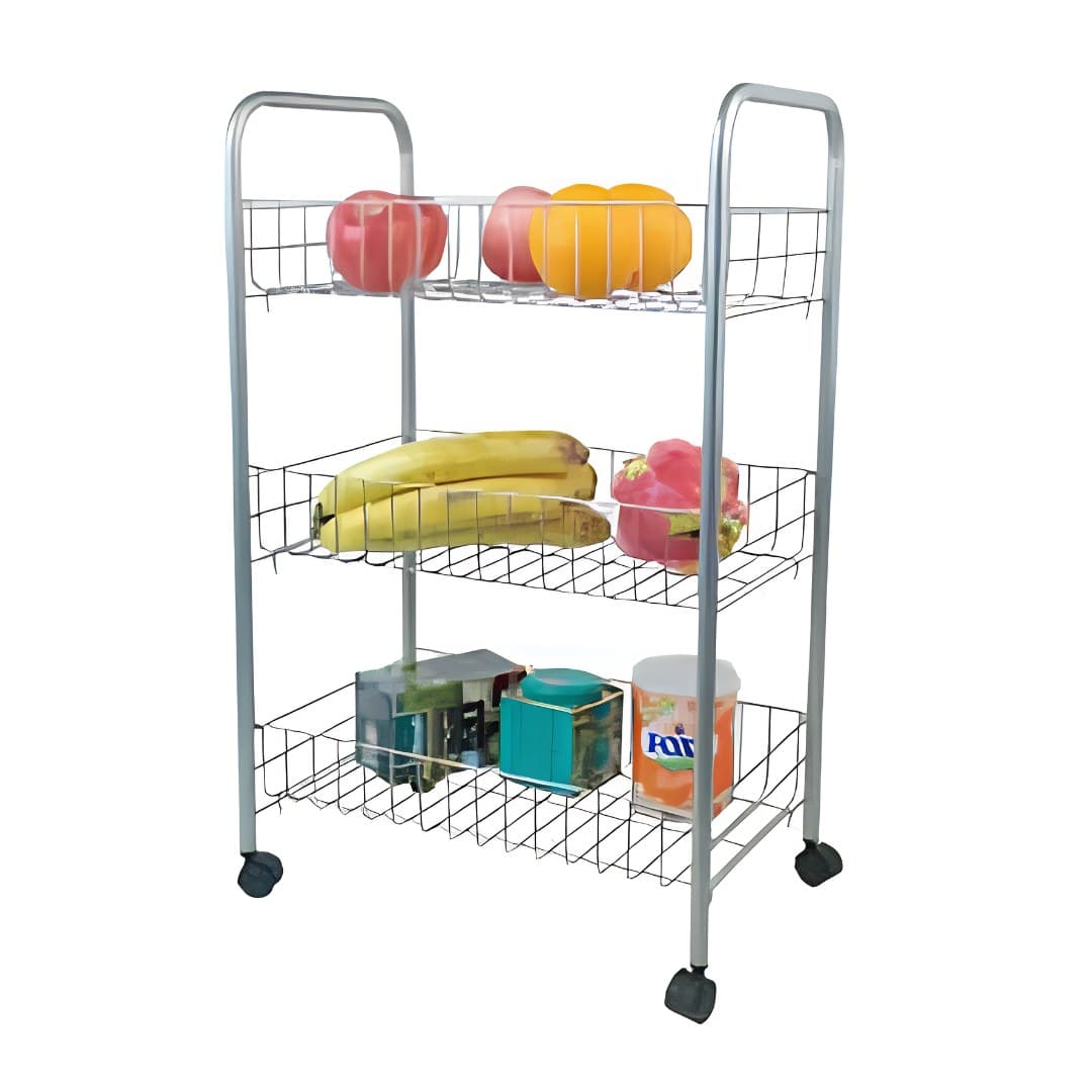 Silver kitchen trolley with 3 baskets