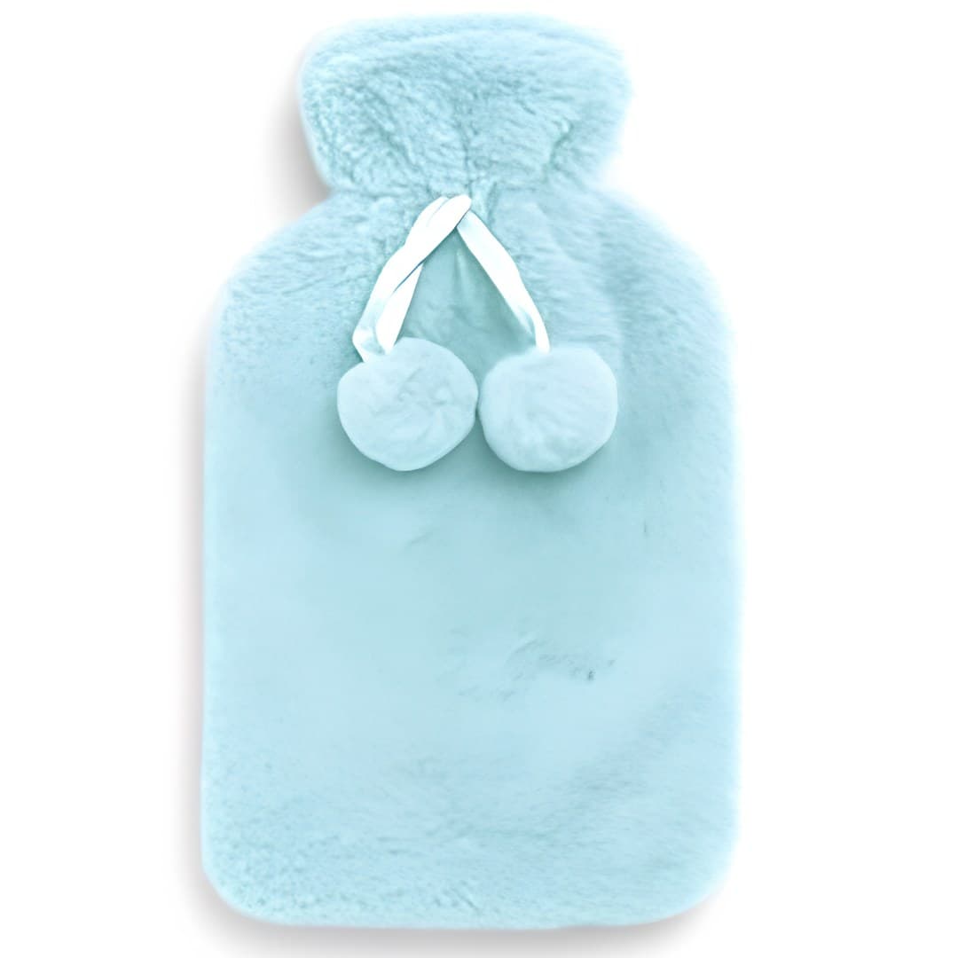 Hot water bottle with fur cover, sea green, with pom-poms
