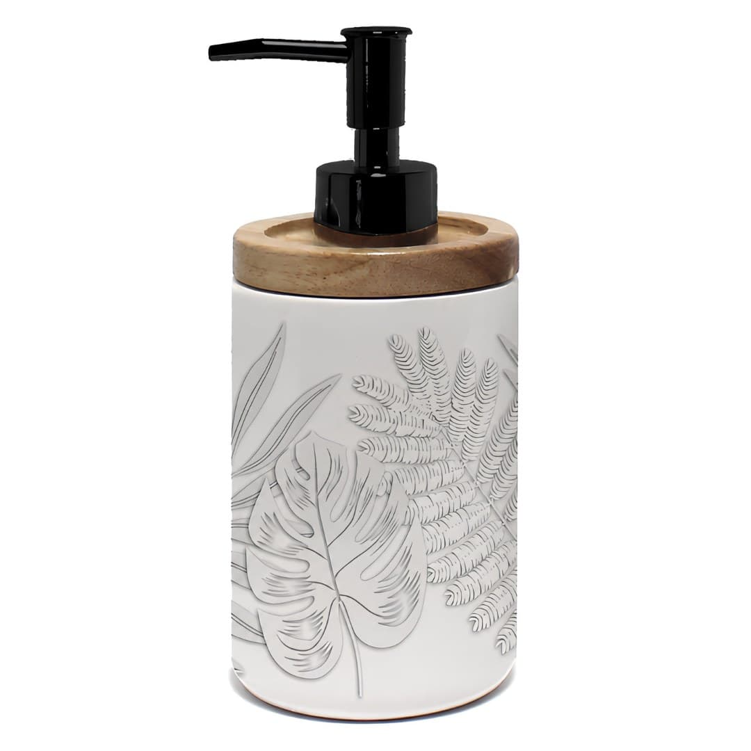 Amber printed ceramic and bamboo soap dispenser, 7.5 x 17 cm