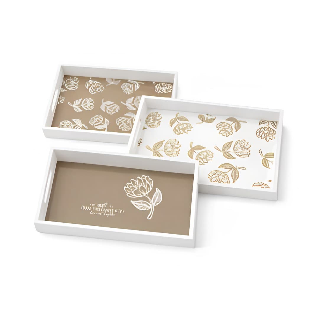 MDF tray, white with cream base and white flowers, 34 x 24 cm